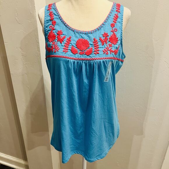 Old Navy Tops - Old Navy Women’s Blue Pink Embroidery Knit Tank Top Size Large